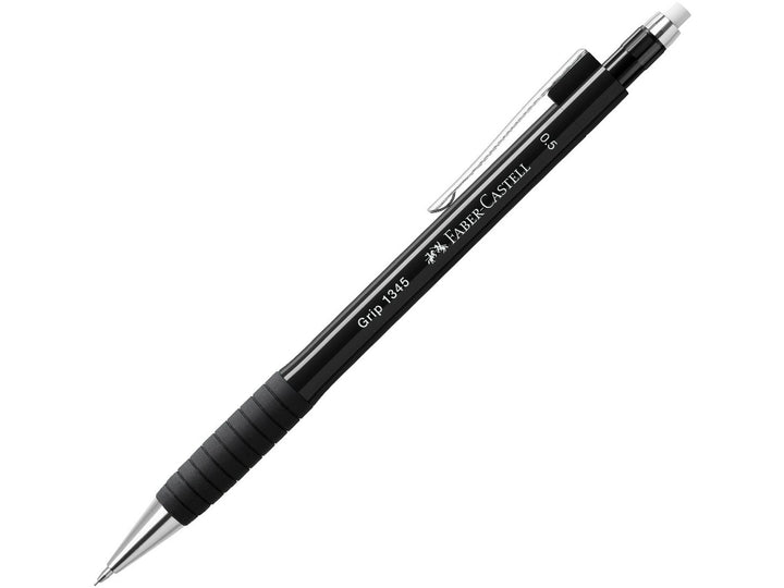 Faber-Castell Grip 1345 Mechanical Pencil 0.5mm in Black featuring a cushioned lead sleeve to reduce breakage, non-slip rubber grip zone, retractable lead mechanism, metal pocket clip and extra-long twist-out eraser for precise everyday writing, note-taking and drawing.