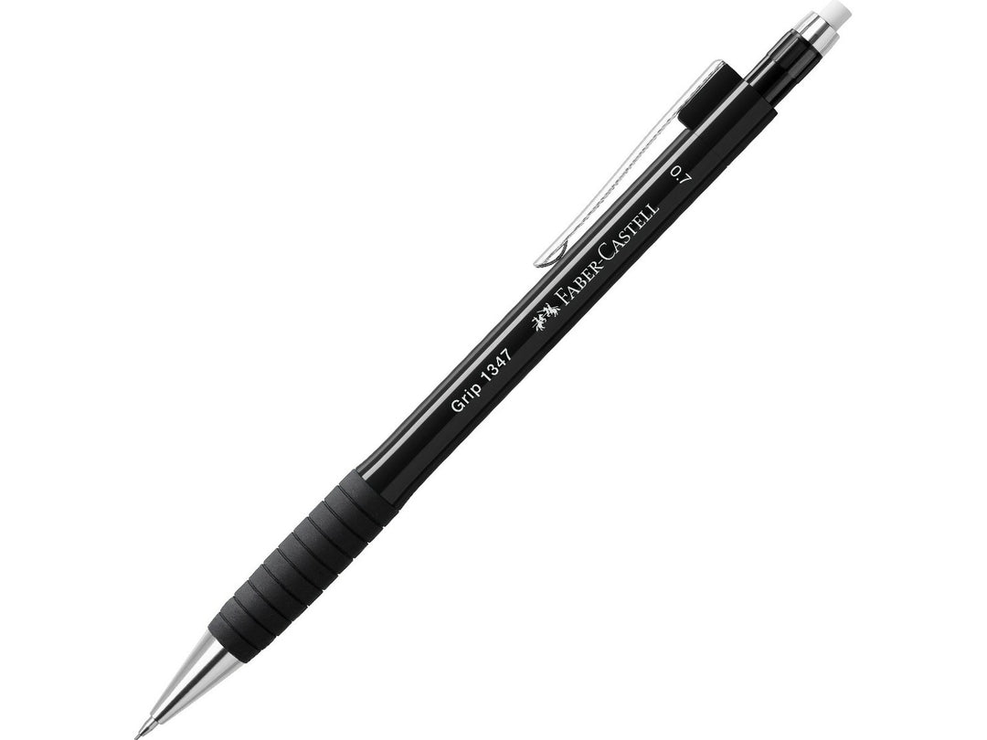 Faber-Castell Grip 1347 Mechanical Pencil 0.7mm in Black featuring a cushioned lead sleeve to reduce breakage, non-slip rubber grip zone, retractable lead mechanism, metal pocket clip and extra-long twist-out eraser for durable everyday writing, note-taking and drawing.