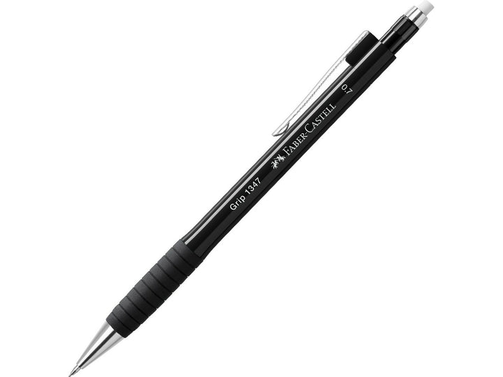 Faber-Castell Grip 1347 Mechanical Pencil 0.7mm in Black featuring a cushioned lead sleeve to reduce breakage, non-slip rubber grip zone, retractable lead mechanism, metal pocket clip and extra-long twist-out eraser for durable everyday writing, note-taking and drawing.