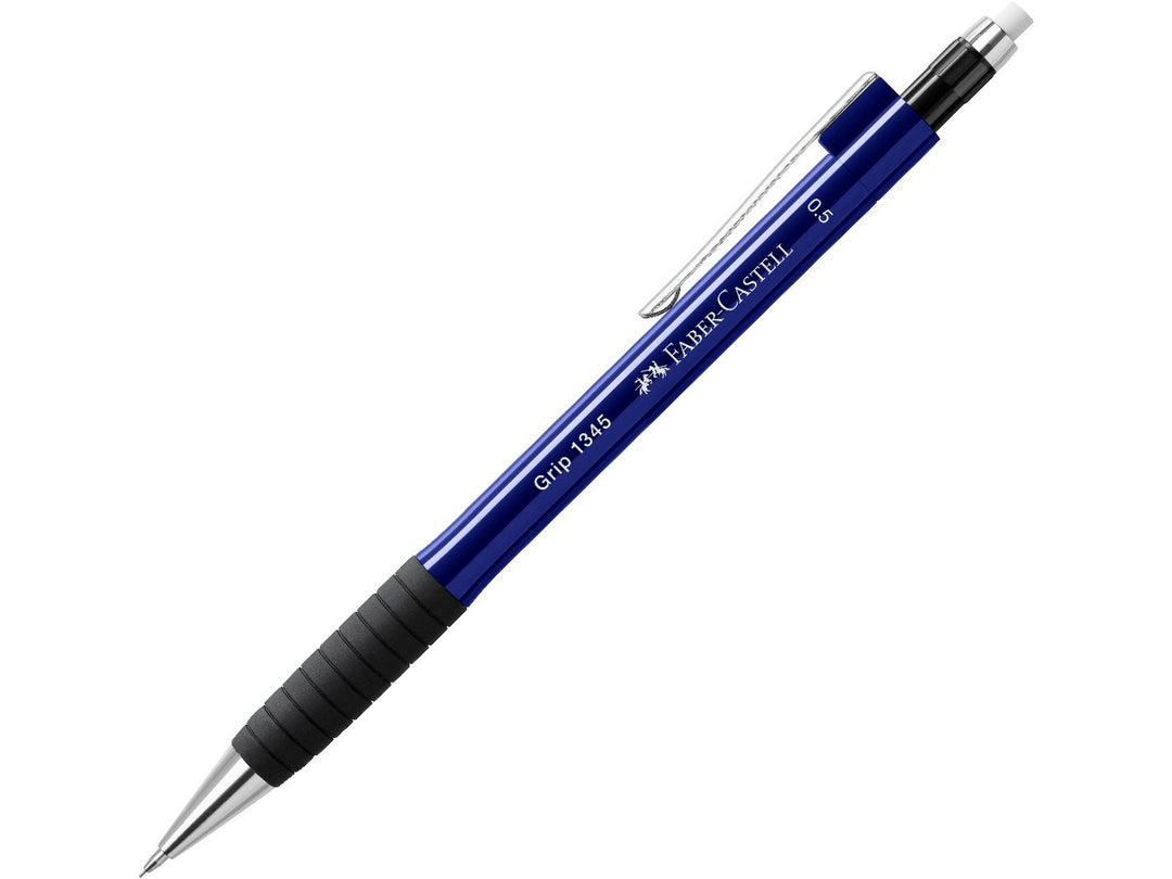 Faber-Castell Grip 1345 Mechanical Pencil 0.5mm in Blue featuring a cushioned lead sleeve to reduce breakage, non-slip rubber grip zone, retractable lead mechanism, metal pocket clip and extra-long twist-out eraser for precise everyday writing, note-taking and drawing.