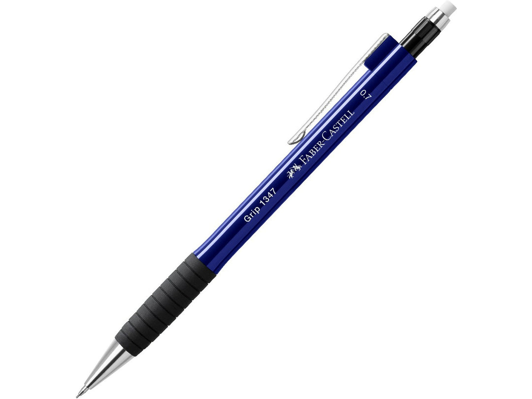 Faber-Castell Grip 1347 Mechanical Pencil 0.7mm in Dark Blue featuring a cushioned lead sleeve to reduce breakage, non-slip rubber grip zone, retractable lead mechanism, metal pocket clip and extra-long twist-out eraser for durable everyday writing, note-taking and drawing.