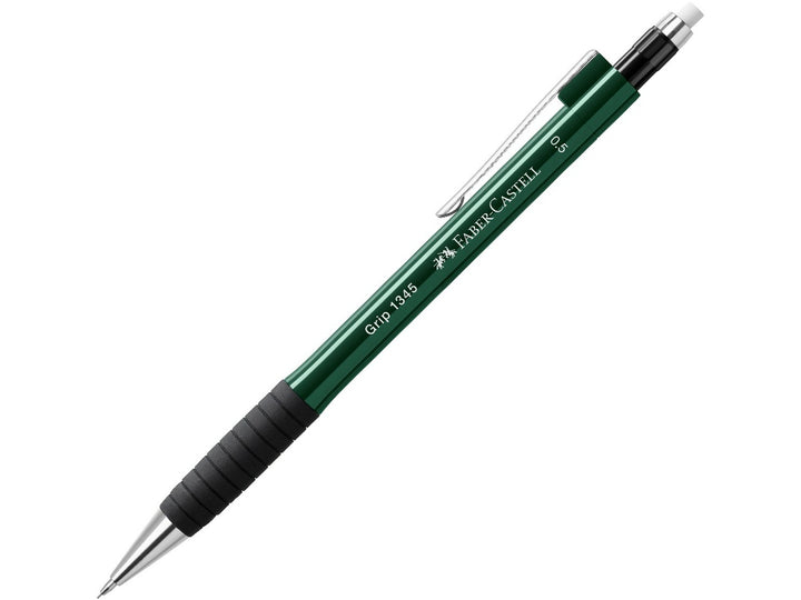 Faber-Castell Grip 1345 Mechanical Pencil 0.5mm in Green featuring a cushioned lead sleeve to reduce breakage, non-slip rubber grip zone, retractable lead mechanism, metal pocket clip and extra-long twist-out eraser for precise everyday writing, note-taking and drawing.