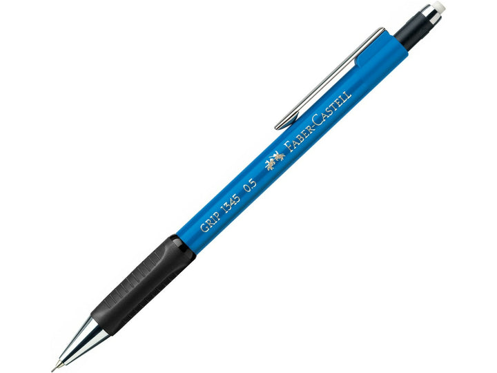 Faber-Castell Grip 1345 Mechanical Pencil in discontinued Light Blue with 0.5mm lead, cushioned lead sleeve, non-slip rubber grip, metal pocket clip and extra-long twist-out eraser for fine everyday writing and drawing.