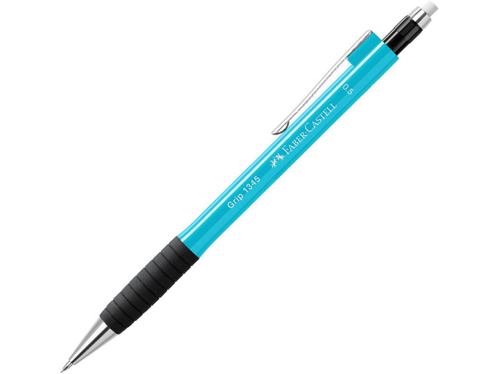 Faber-Castell Grip 1345 Mechanical Pencil 0.5mm in Light Blue featuring a cushioned lead sleeve to reduce breakage, non-slip rubber grip zone, retractable lead mechanism, metal pocket clip and extra-long twist-out eraser for precise everyday writing, note-taking and drawing.