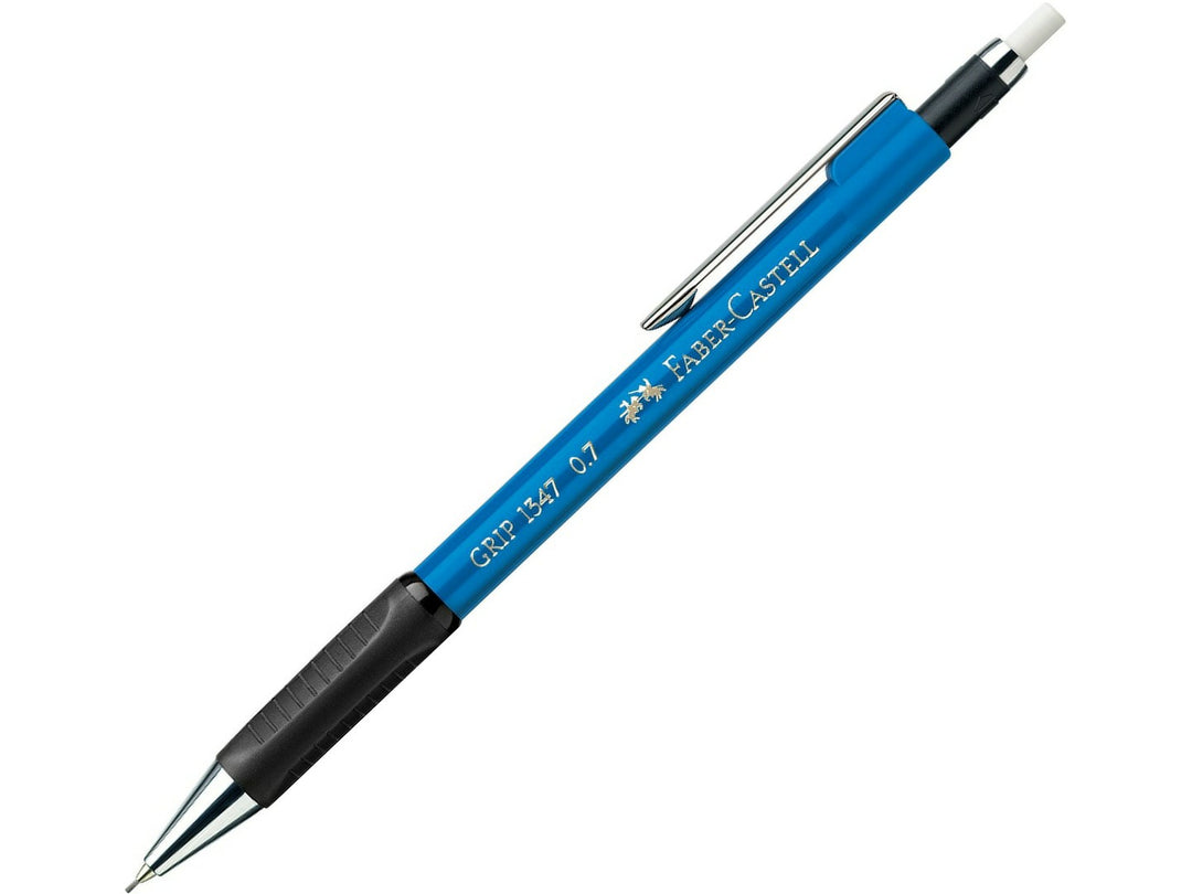 Faber-Castell Grip 1347 Mechanical Pencil 0.7mm in discontinued Light Blue featuring a cushioned lead sleeve to reduce breakage, non-slip rubber grip zone, retractable lead, metal pocket clip and extra-long twist-out eraser for comfortable everyday writing, note-taking and drawing.