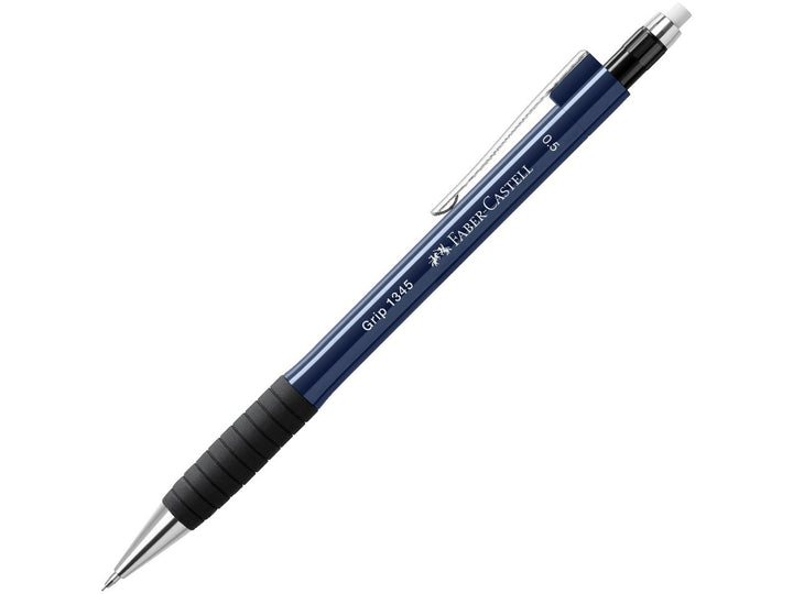 Faber-Castell Grip 1345 Mechanical Pencil 0.5mm in Navy Blue featuring a cushioned lead sleeve to reduce breakage, non-slip rubber grip zone, retractable lead mechanism, metal pocket clip and extra-long twist-out eraser for precise everyday writing, note-taking and drawing.