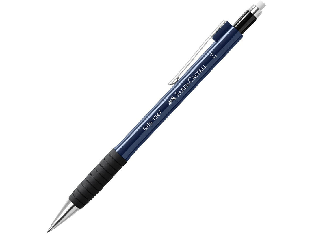 Faber-Castell Grip 1347 Mechanical Pencil 0.7mm in Navy Blue featuring a cushioned lead sleeve to reduce breakage, non-slip rubber grip zone, retractable lead mechanism, metal pocket clip and extra-long twist-out eraser for durable everyday writing, note-taking and drawing.