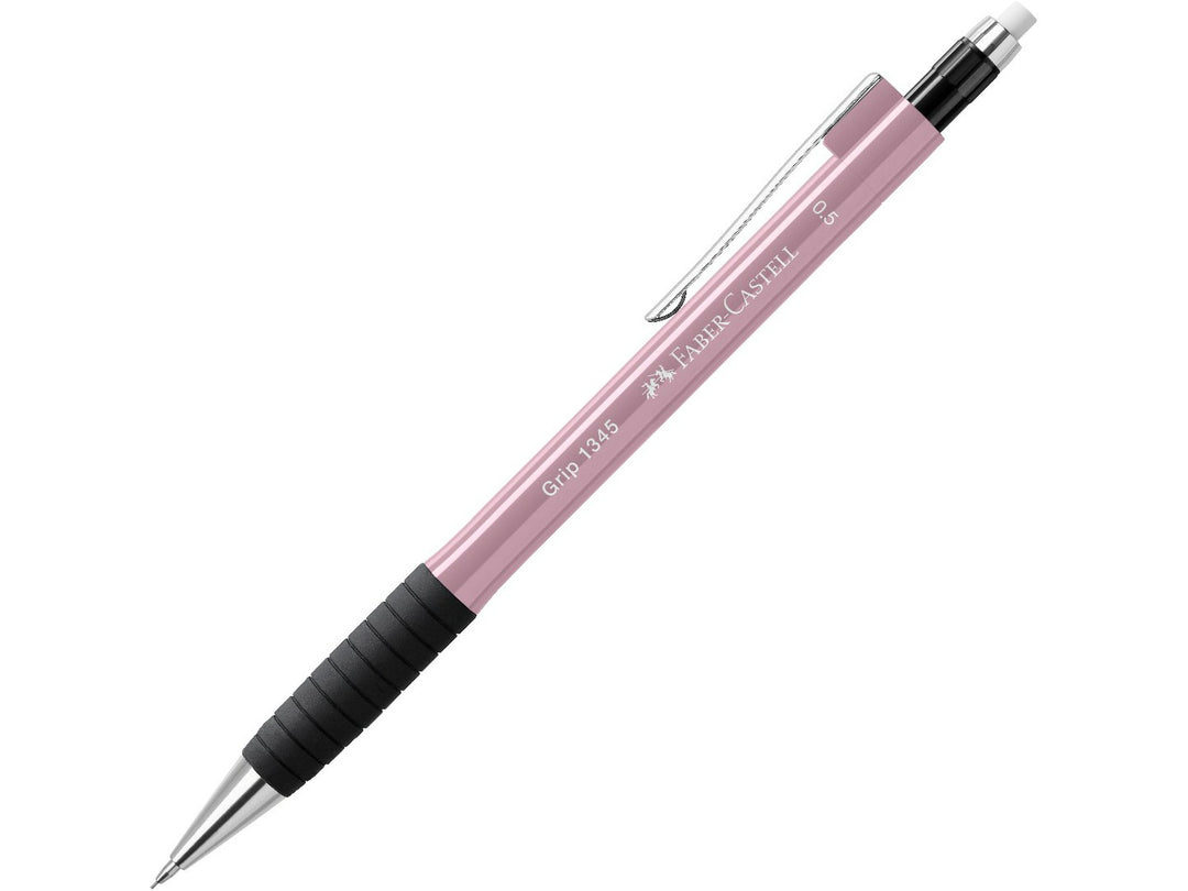 Faber-Castell Grip 1345 Mechanical Pencil 0.5mm in Rose Shadows featuring a cushioned lead sleeve to reduce breakage, non-slip rubber grip zone, retractable lead mechanism, metal pocket clip and extra-long twist-out eraser for precise everyday writing, note-taking and drawing.