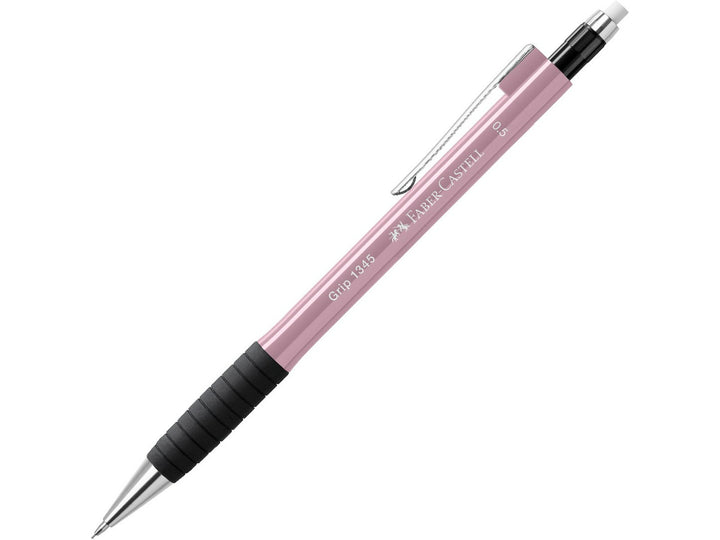 Faber-Castell Grip 1345 Mechanical Pencil 0.5mm in Rose Shadows featuring a cushioned lead sleeve to reduce breakage, non-slip rubber grip zone, retractable lead mechanism, metal pocket clip and extra-long twist-out eraser for precise everyday writing, note-taking and drawing.