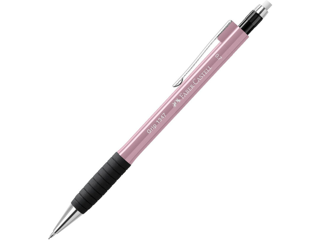 Faber-Castell Grip 1347 Mechanical Pencil 0.7mm in Rose Shadows featuring a cushioned lead sleeve to reduce breakage, non-slip rubber grip zone, retractable lead mechanism, metal pocket clip and extra-long twist-out eraser for durable everyday writing, note-taking and drawing.