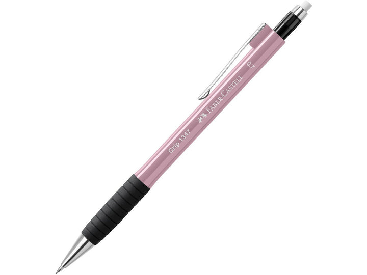 Faber-Castell Grip 1347 Mechanical Pencil 0.7mm in Rose Shadows featuring a cushioned lead sleeve to reduce breakage, non-slip rubber grip zone, retractable lead mechanism, metal pocket clip and extra-long twist-out eraser for durable everyday writing, note-taking and drawing.