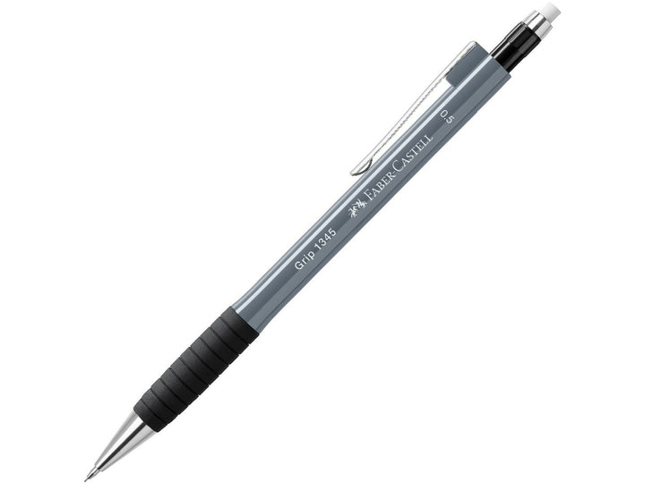 Faber-Castell Grip 1345 Mechanical Pencil 0.5mm in Stone Grey featuring a cushioned lead sleeve to reduce breakage, non-slip rubber grip zone, retractable lead mechanism, metal pocket clip and extra-long twist-out eraser for precise everyday writing, note-taking and drawing.