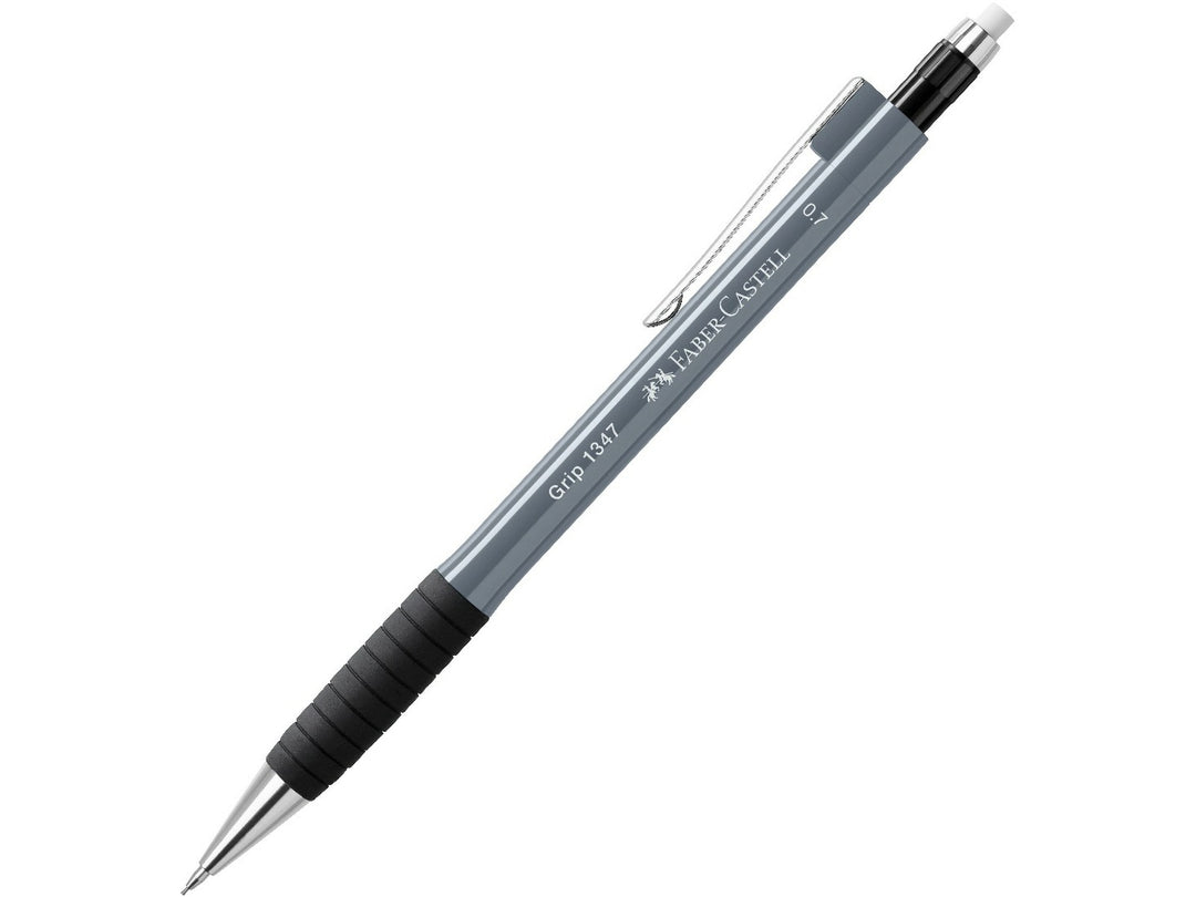 Faber-Castell Grip 1347 Mechanical Pencil 0.7mm in Stone Grey featuring a cushioned lead sleeve to reduce breakage, non-slip rubber grip zone, retractable lead mechanism, metal pocket clip and extra-long twist-out eraser for durable everyday writing, note-taking and drawing.