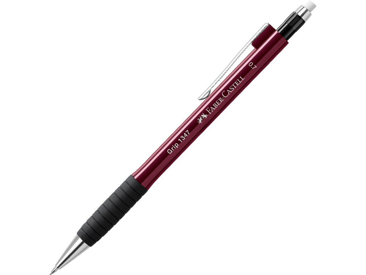 Faber-Castell Grip 1347 Mechanical Pencil 0.7mm in Wine Red featuring a cushioned lead sleeve to reduce breakage, non-slip rubber grip zone, retractable lead mechanism, metal pocket clip and extra-long twist-out eraser for durable everyday writing, note-taking and drawing.