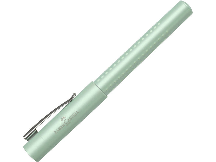 Faber-Castell Grip Pearl Edition Fountain Pen in Mint with cap fitted, featuring a pearlescent mint barrel with ergonomic Grip dots, durable metal pocket clip and lightweight design for everyday handwriting, journaling, note-taking and professional writing.