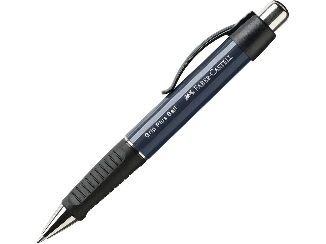 Faber-Castell Grip Plus Ball Ballpoint Pen M in Navy Blue featuring an ergonomic triangular barrel, non-slip rubber grip zone, push-button retractable mechanism, metal pocket clip and smooth document-proof blue ink for comfortable everyday writing and note-taking.