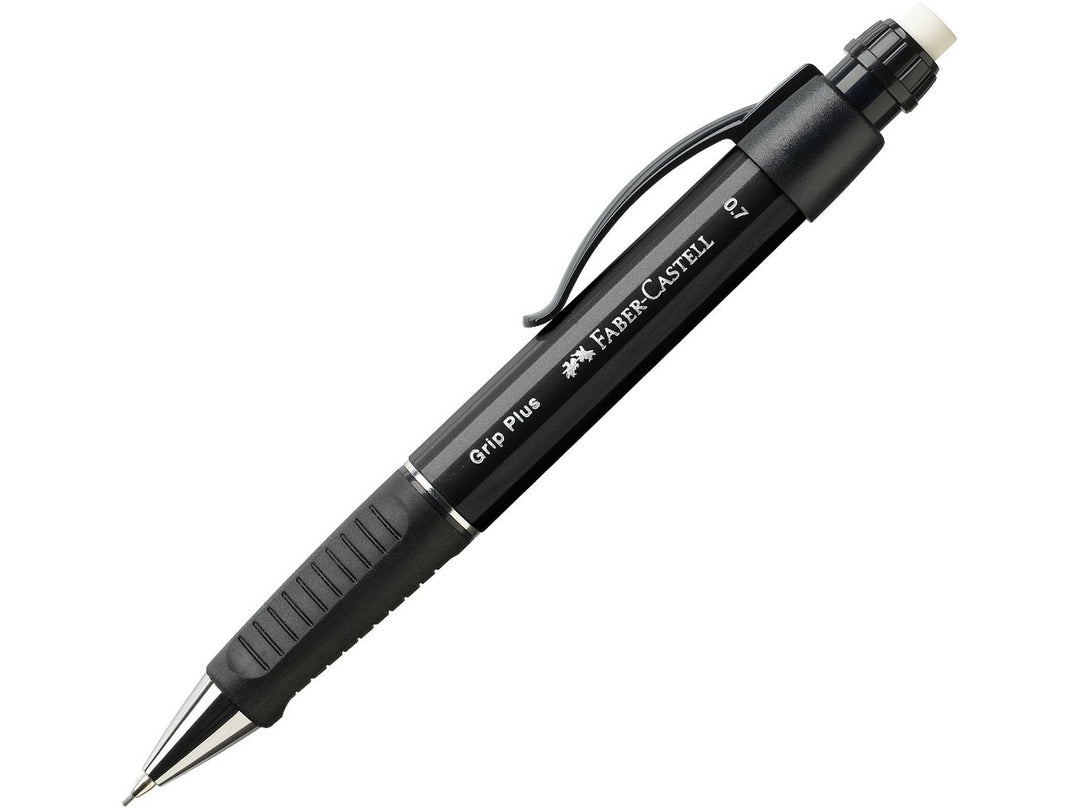 Faber-Castell Grip Plus Mechanical Pencil 0.7mm in Black featuring an ergonomic soft-grip zone, spring-loaded lead mechanism, retractable lead sleeve, integrated eraser and metal pocket clip for comfortable everyday writing, note-taking, sketching and technical drawing.