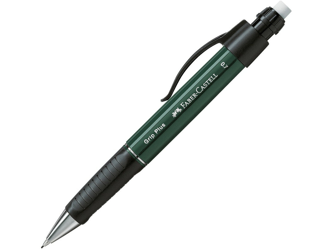 Faber-Castell Grip Plus Mechanical Pencil 0.7mm in Green featuring an ergonomic soft-grip zone, spring-loaded lead mechanism, retractable lead sleeve, integrated eraser and metal pocket clip for comfortable everyday writing, note-taking, sketching and technical drawing.