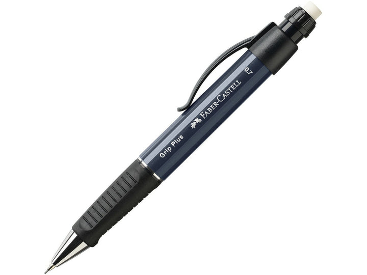 Faber-Castell Grip Plus Mechanical Pencil 0.7mm in Navy Blue featuring an ergonomic soft-grip zone, spring-loaded lead mechanism, retractable lead sleeve, integrated eraser and metal pocket clip for comfortable everyday writing, note-taking, sketching and technical drawing.