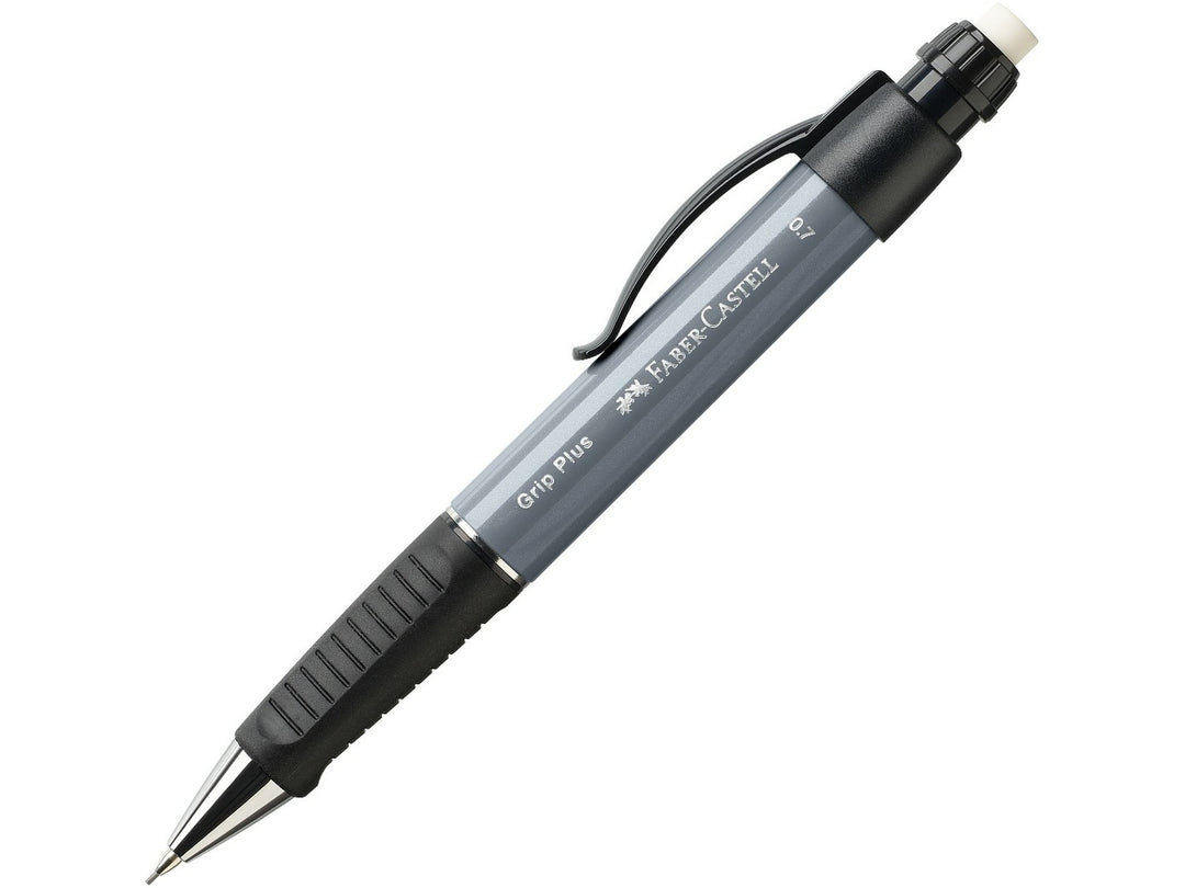Faber-Castell Grip Plus Mechanical Pencil 0.7mm in Stone Grey featuring an ergonomic soft-grip zone, spring-loaded lead mechanism, retractable lead sleeve, integrated eraser and metal pocket clip for comfortable everyday writing, note-taking, sketching and technical drawing.
