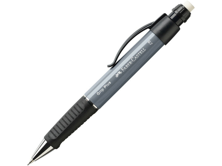 Faber-Castell Grip Plus Mechanical Pencil 0.7mm in Stone Grey featuring an ergonomic soft-grip zone, spring-loaded lead mechanism, retractable lead sleeve, integrated eraser and metal pocket clip for comfortable everyday writing, note-taking, sketching and technical drawing.