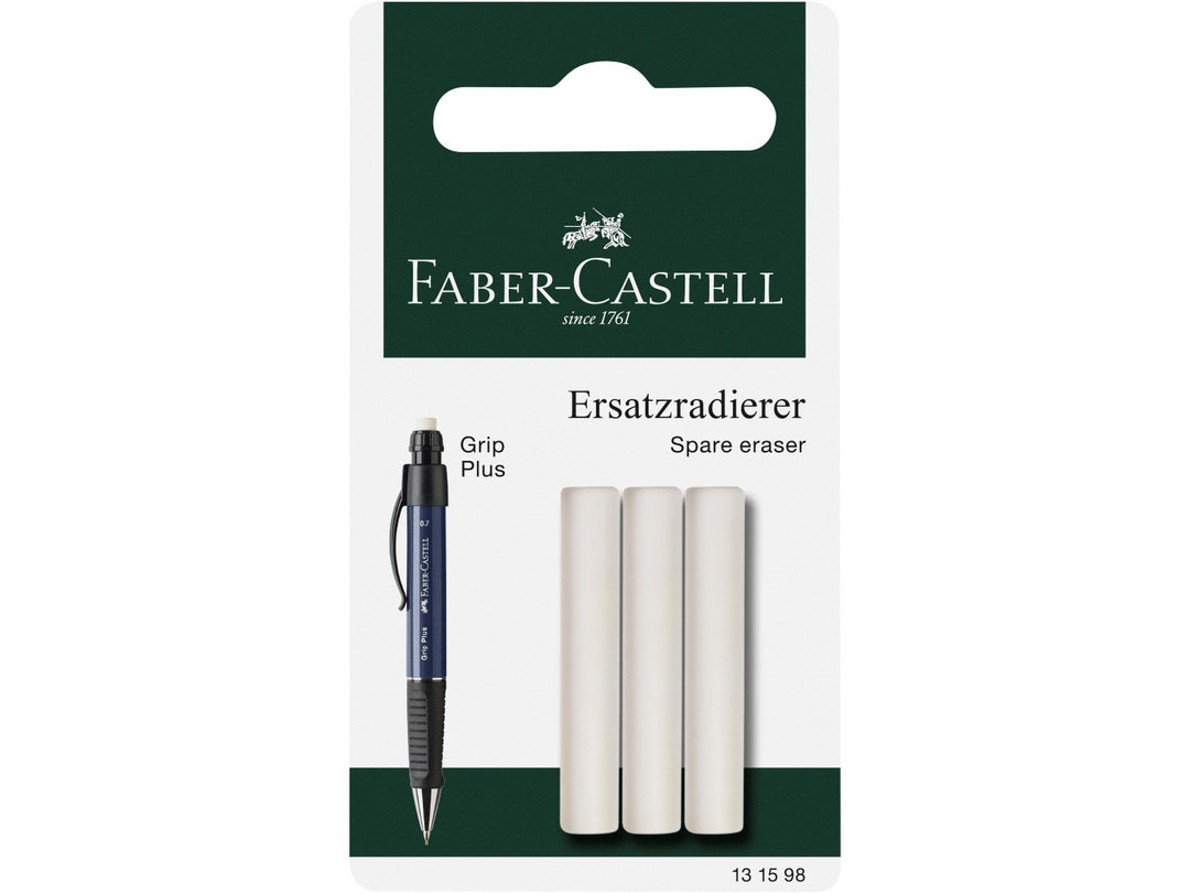 Front of Faber-Castell Grip Plus Spare Erasers Set of 3 packaging showing three genuine replacement erasers designed for compatible Grip Plus mechanical pencils, with illustration of a Grip Plus 0.7mm pencil and refill erasers for clean, precise graphite correction.
