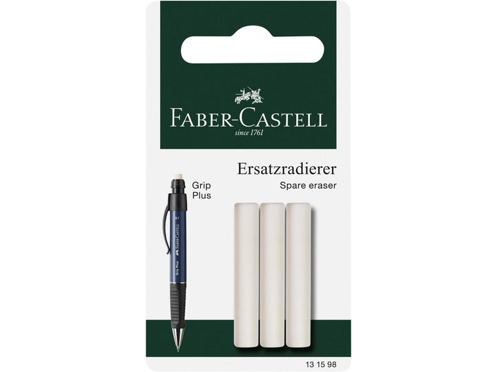 Front of Faber-Castell Grip Plus Spare Erasers Set of 3 packaging showing three genuine replacement erasers designed for compatible Grip Plus mechanical pencils, with illustration of a Grip Plus 0.7mm pencil and refill erasers for clean, precise graphite correction.