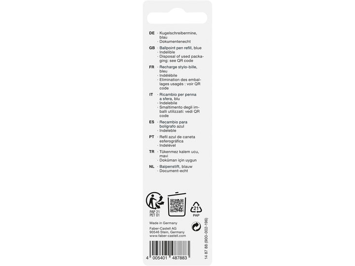 Rear of Faber-Castell Large Capacity Ballpoint Pen Refill M in Blue packaging showing multilingual product information, document-proof ink details, recycling guidance, QR code, barcode, manufacturer information and Made in Germany marking.