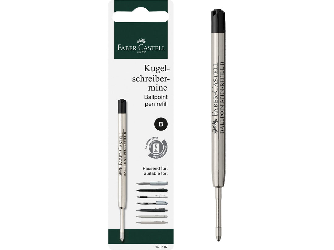 Faber-Castell Large Capacity Ballpoint Pen Refill B in Black featuring a large-capacity metal refill cartridge with broad tip, smooth black ink and document-proof writing performance for compatible Faber-Castell ballpoint pens.