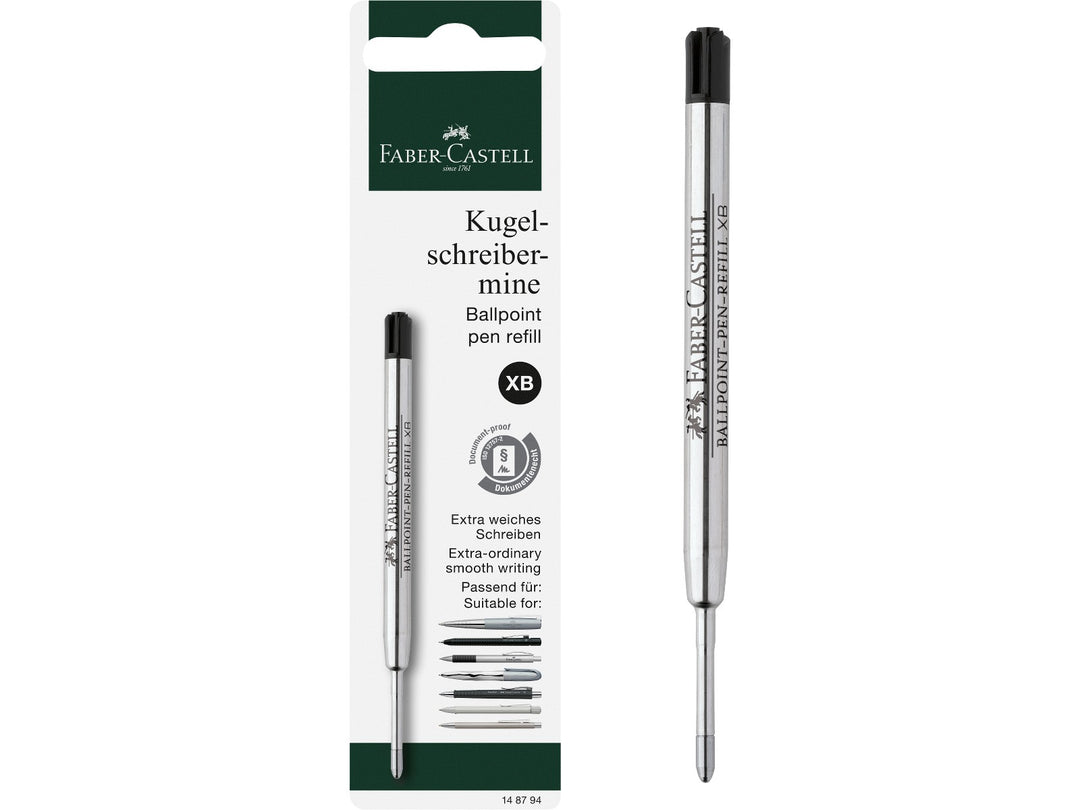 Faber-Castell Large Capacity Ballpoint Pen Refill XB in Black featuring a large-capacity metal refill cartridge with extra broad tip, smooth black ink and document-proof writing performance for compatible Faber-Castell ballpoint pens.