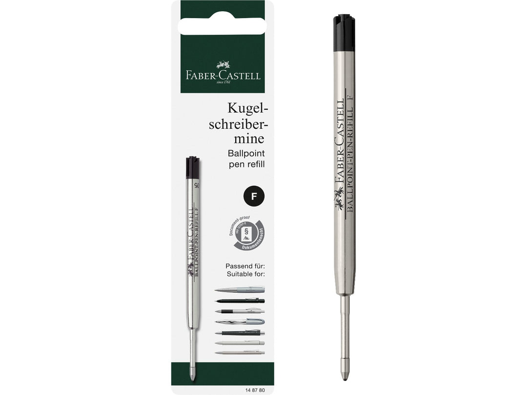 Faber-Castell Large Capacity Ballpoint Pen Refill F in Black featuring a large-capacity metal refill cartridge with fine tip, smooth black ink and document-proof writing performance for compatible Faber-Castell ballpoint pens.