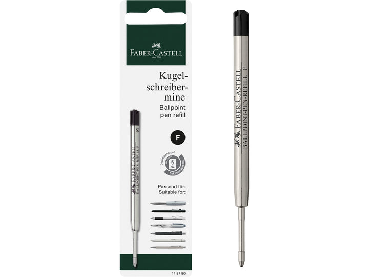 Faber-Castell Large Capacity Ballpoint Pen Refill F in Black featuring a large-capacity metal refill cartridge with fine tip, smooth black ink and document-proof writing performance for compatible Faber-Castell ballpoint pens.