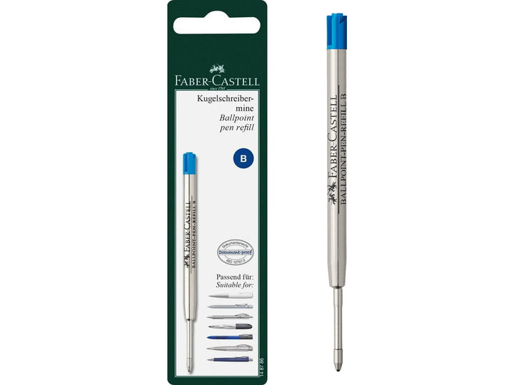 Faber-Castell Large Capacity Ballpoint Pen Refill B in Blue featuring a large-capacity metal refill cartridge with broad tip, smooth blue ink and document-proof writing performance for compatible Faber-Castell ballpoint pens.