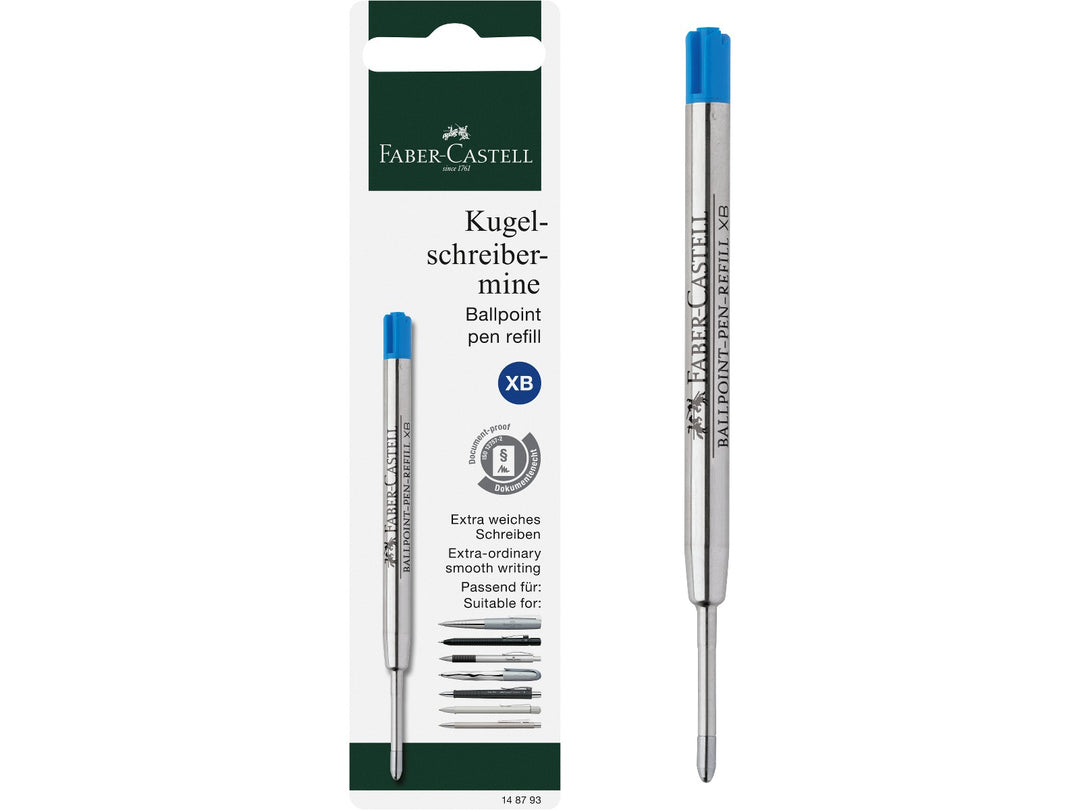 Faber-Castell Large Capacity Ballpoint Pen Refill XB in Blue featuring a large-capacity metal refill cartridge with extra broad tip, smooth blue ink and document-proof writing performance for compatible Faber-Castell ballpoint pens.