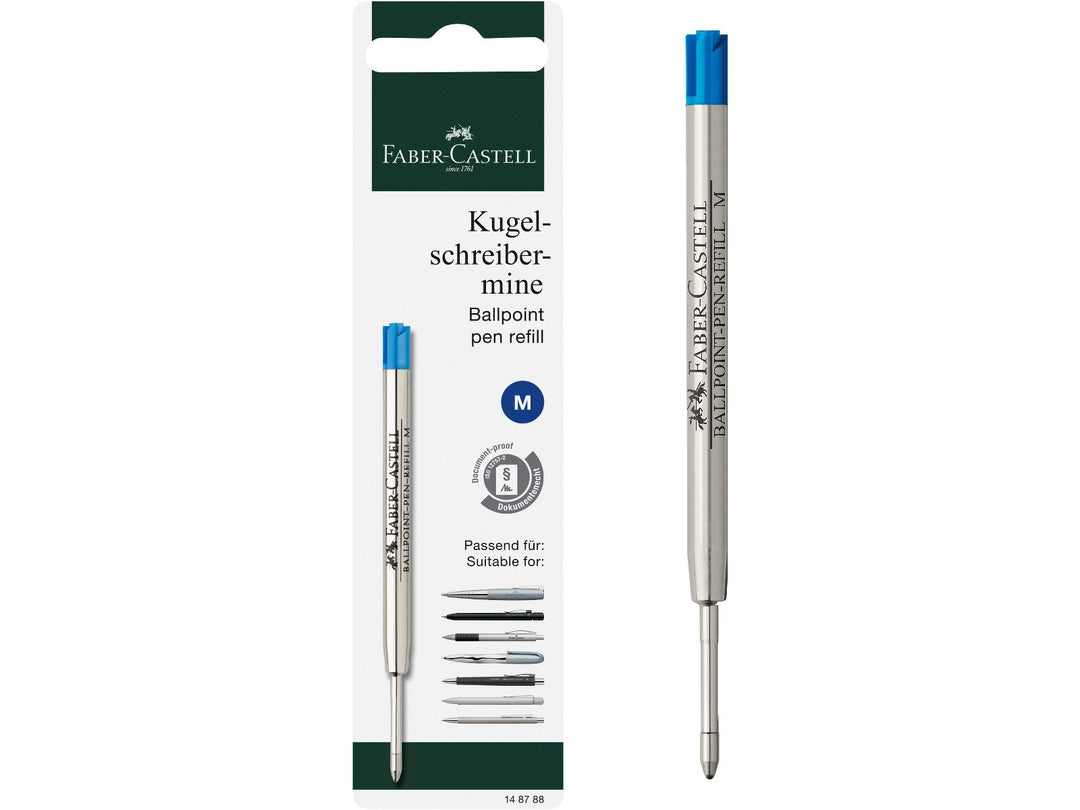 aber-Castell Large Capacity Ballpoint Pen Refill M in Blue featuring a large-capacity metal refill cartridge with medium tip, smooth blue ink and document-proof writing performance for compatible Faber-Castell ballpoint pens.