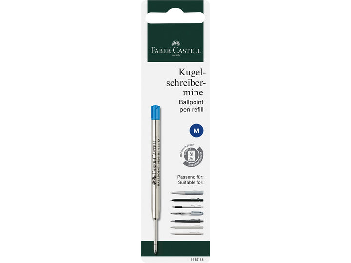 Front of Faber-Castell Large Capacity Ballpoint Pen Refill M in Blue retail packaging, showing a medium-tip metal refill cartridge with document-proof blue ink, compatibility with selected Faber-Castell ballpoint pens and large-capacity refill design for extended writing performance.