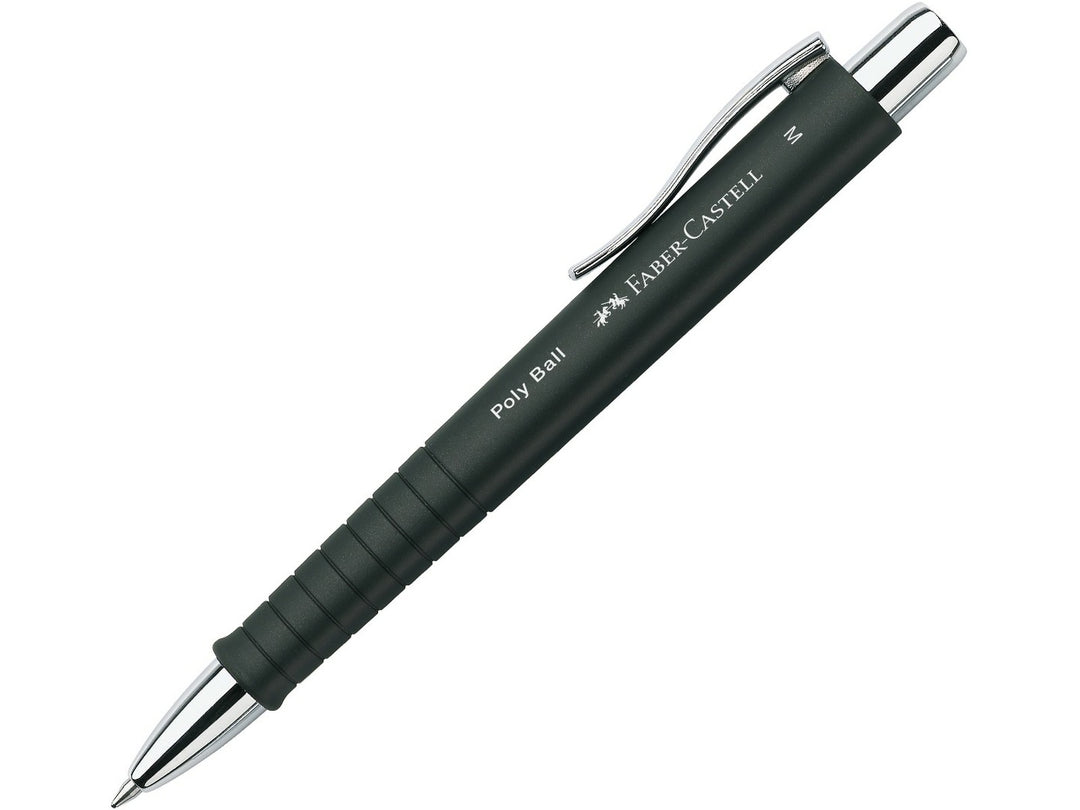 Faber-Castell Poly Ball Ballpoint Pen M in Black featuring an ergonomic soft-touch grip zone, push-button retractable mechanism, polished metal clip and smooth medium blue ink refill for comfortable everyday writing, note-taking and office use.