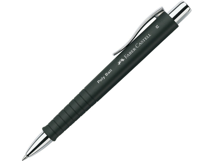Faber-Castell Poly Ball Ballpoint Pen M in Black featuring an ergonomic soft-touch grip zone, push-button retractable mechanism, polished metal clip and smooth medium blue ink refill for comfortable everyday writing, note-taking and office use.
