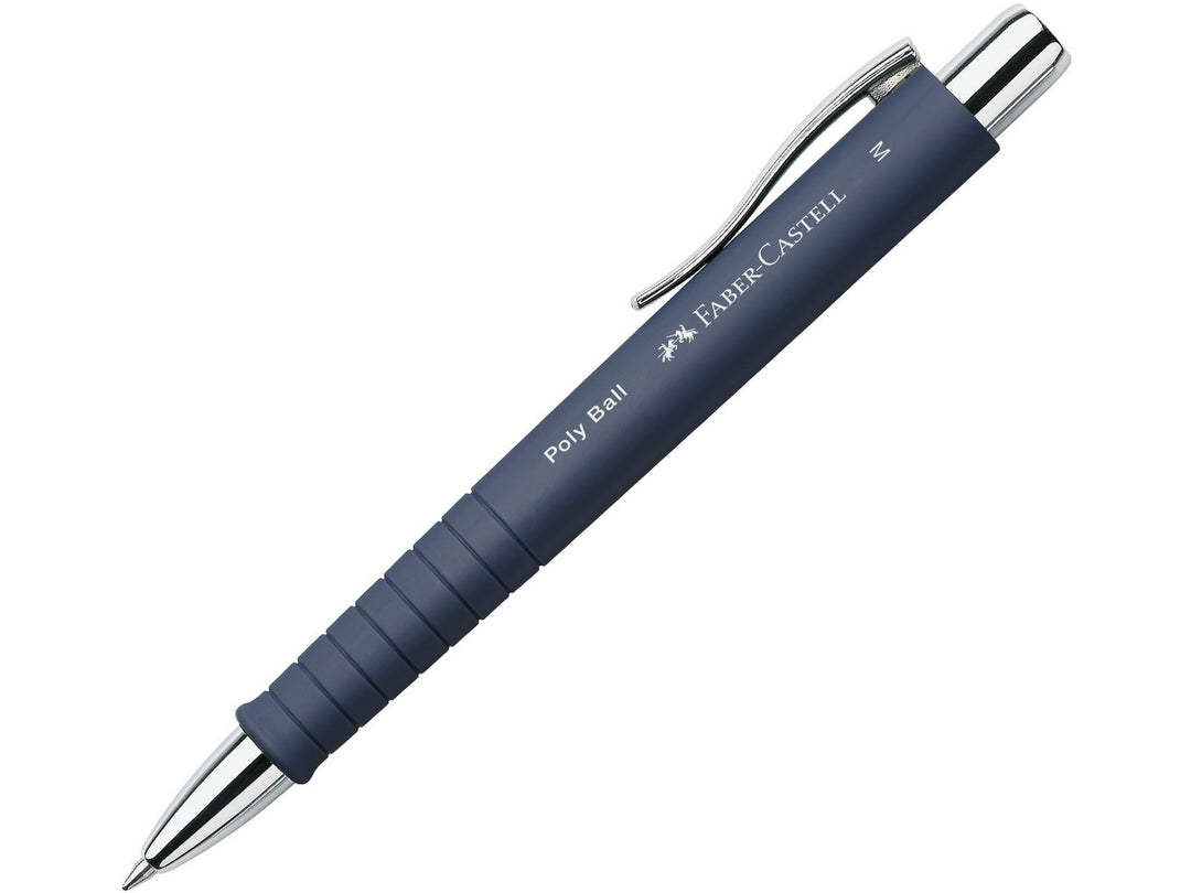 Faber-Castell Poly Ball Ballpoint Pen M in Blue featuring an ergonomic soft-touch grip zone, push-button retractable mechanism, polished metal clip and smooth medium blue ink refill for comfortable everyday writing, note-taking and office use.