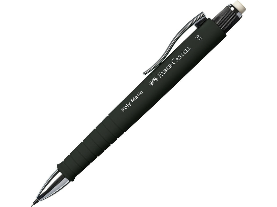 Faber-Castell Poly Matic Mechanical Pencil 0.7mm in Black featuring an automatic lead advancement mechanism, ergonomic soft-grip zone, extra-long twist eraser and metal pocket clip for uninterrupted writing, note-taking, sketching and everyday use.