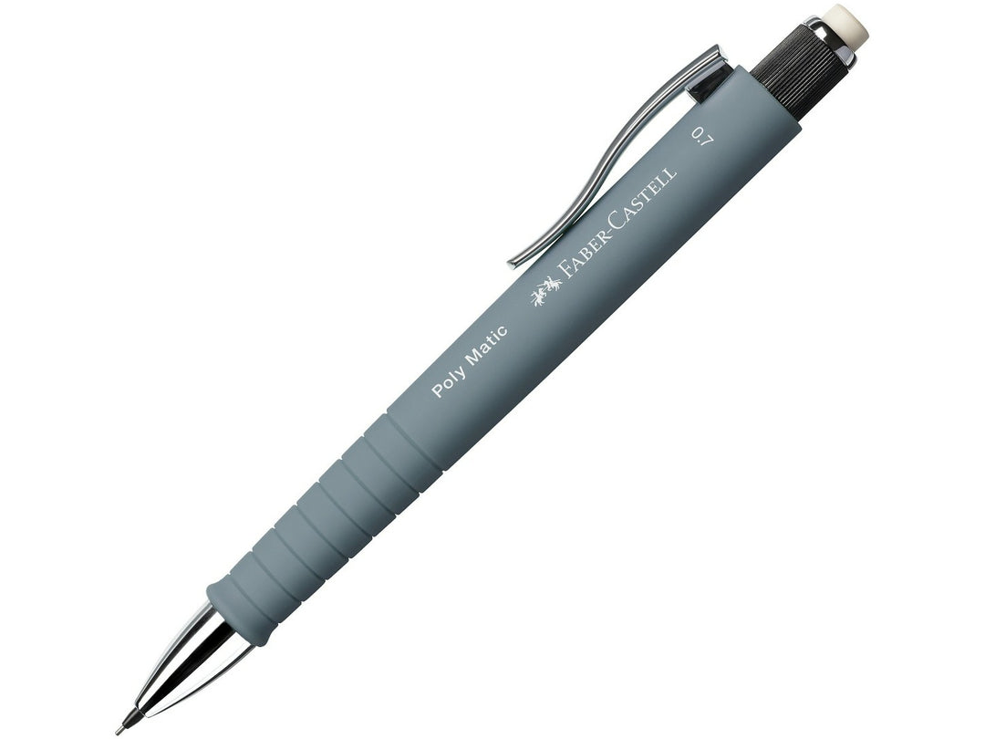 Faber-Castell Poly Matic Mechanical Pencil 0.7mm in Grey featuring an automatic lead advancement mechanism, ergonomic soft-grip zone, extra-long twist eraser and metal pocket clip for uninterrupted writing, note-taking, sketching and everyday use.