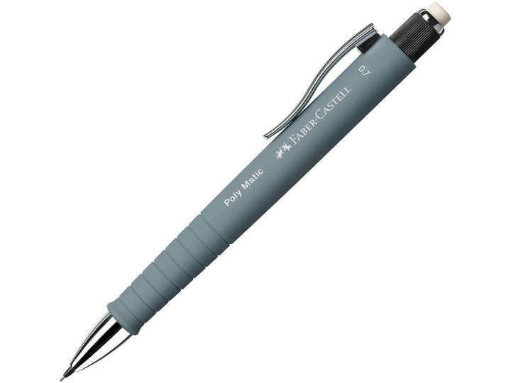 Faber-Castell Poly Matic Mechanical Pencil 0.7mm in Grey featuring an automatic lead advancement mechanism, ergonomic soft-grip zone, extra-long twist eraser and metal pocket clip for uninterrupted writing, note-taking, sketching and everyday use.