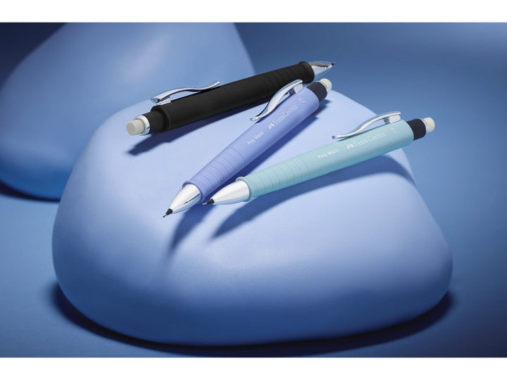 Faber-Castell Poly Matic Mechanical Pencils in Black, Lavender and Mint displayed together, showcasing the automatic lead advancement system, ergonomic soft-grip zones, extra-long twist erasers and metal pocket clips for uninterrupted writing, note-taking, sketching and everyday use.