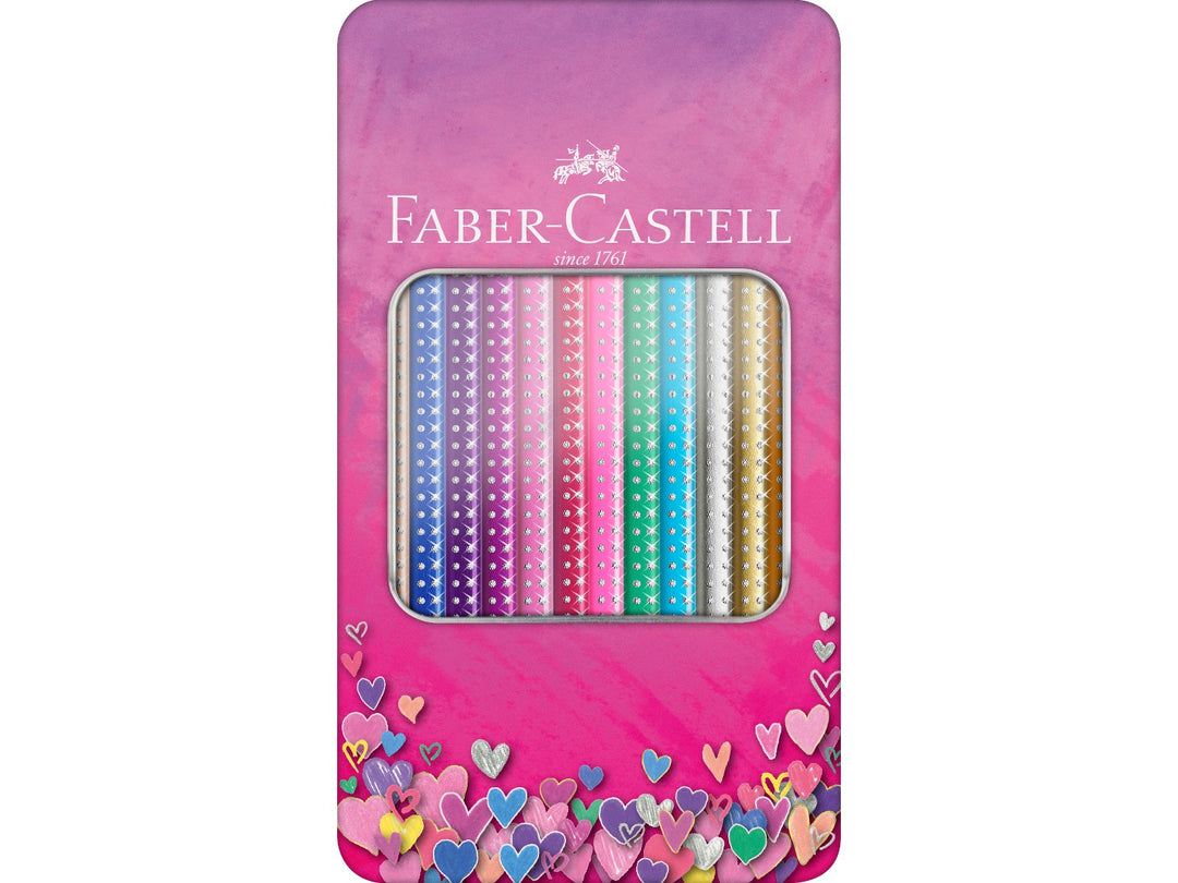 Front of Faber-Castell Sparkle Colour Pencils Tin of 12 featuring twelve vibrant colour pencils with decorative sparkle-dot barrels visible through a viewing window, presented in a pink metal storage tin with heart illustrations and glitter-inspired artwork.