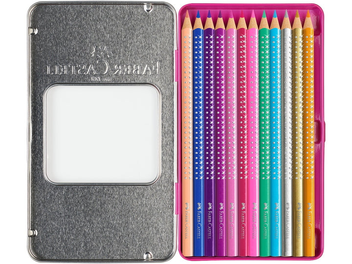 Faber-Castell Sparkle Colour Pencils Tin of 12 opened to display twelve colour pencils with glitter-effect sparkle-dot barrels in assorted shades, neatly arranged inside a pink metal storage tin with integrated tray for colouring, drawing and creative artwork.