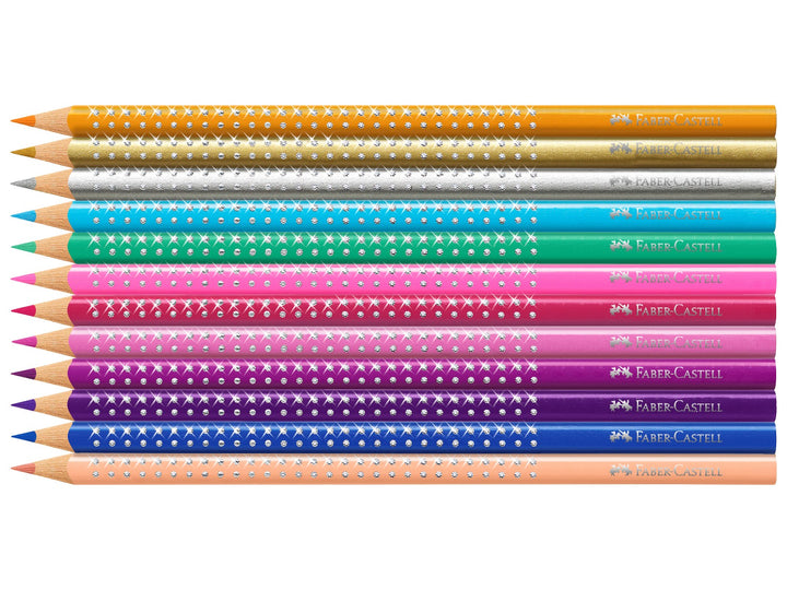Close-up of twelve Faber-Castell Sparkle Colour Pencils in assorted vibrant shades, featuring ergonomic triangular barrels with decorative sparkle-dot details, break-resistant colour cores and richly pigmented leads for colouring, drawing and creative artwork.