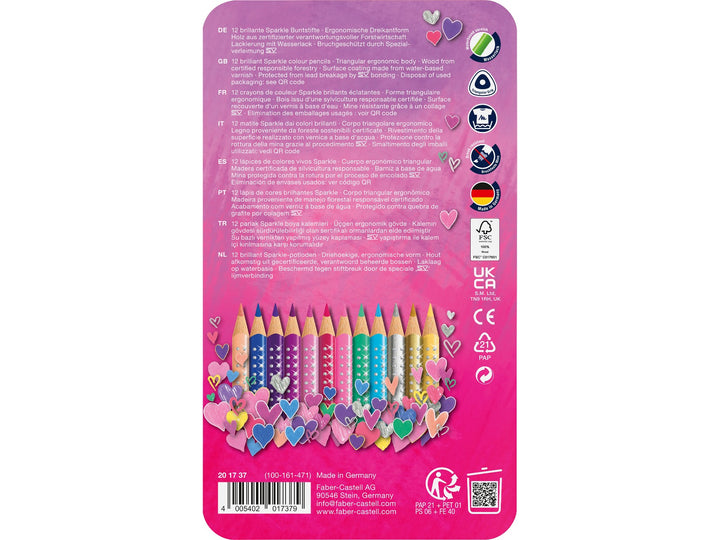 Rear of Faber-Castell Sparkle Colour Pencils Tin of 12 packaging showing product information, multilingual descriptions, ergonomic triangular barrel icon, water-based varnish certification, SV lead bonding technology, FSC-certified wood sourcing details, recycling information and the twelve included sparkle colour pencils.