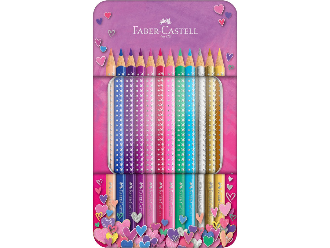 Faber-Castell Sparkle Colour Pencils Tin of 12 opened to display twelve vibrant colour pencils with decorative sparkle-dot barrels, presented in a pink metal storage tin featuring a floral design, heart illustrations and a viewing window for colouring, drawing and creative artwork.