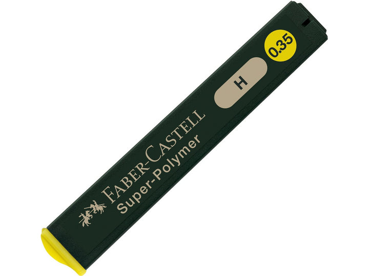 Faber-Castell Super-Polymer Fineline Leads 0.35mm H refill tube with practical filling aid, containing 12 extra break-resistant graphite leads for smooth, precise writing and technical drawing in compatible 0.35mm mechanical pencils.