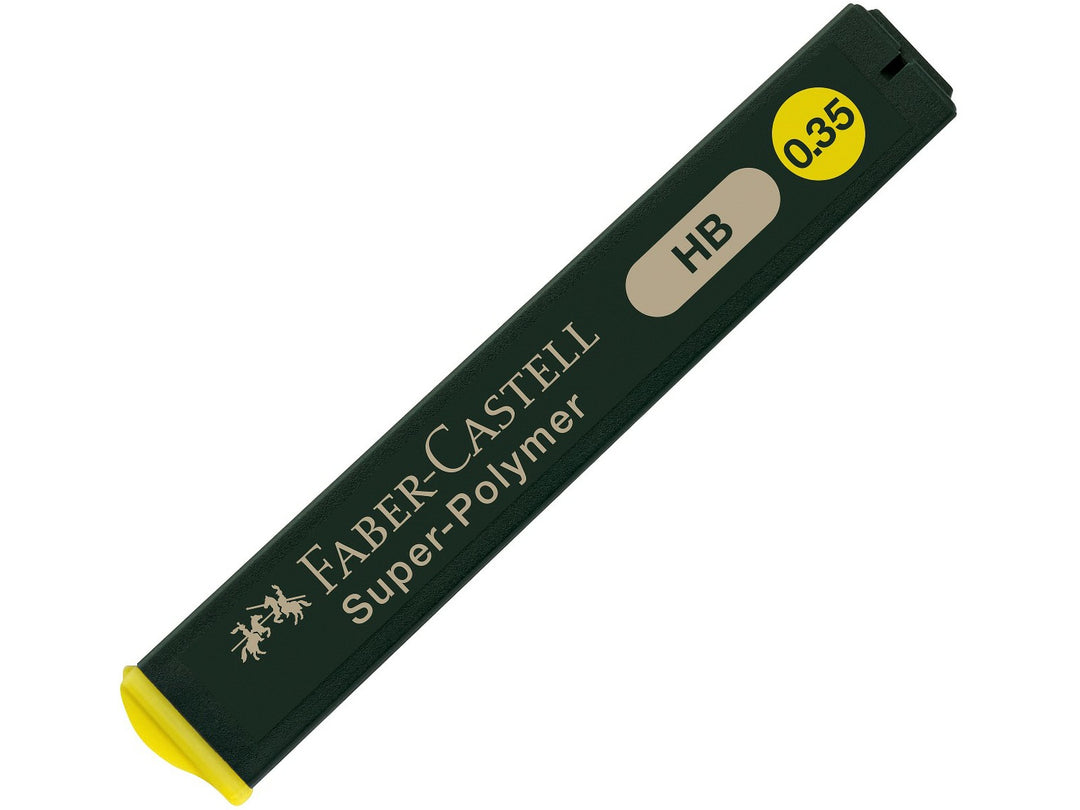 Faber-Castell Super-Polymer Fineline Leads 0.35mm HB refill tube with practical filling aid, containing 12 extra break-resistant graphite leads for smooth, precise writing and technical drawing in compatible 0.35mm mechanical pencils.